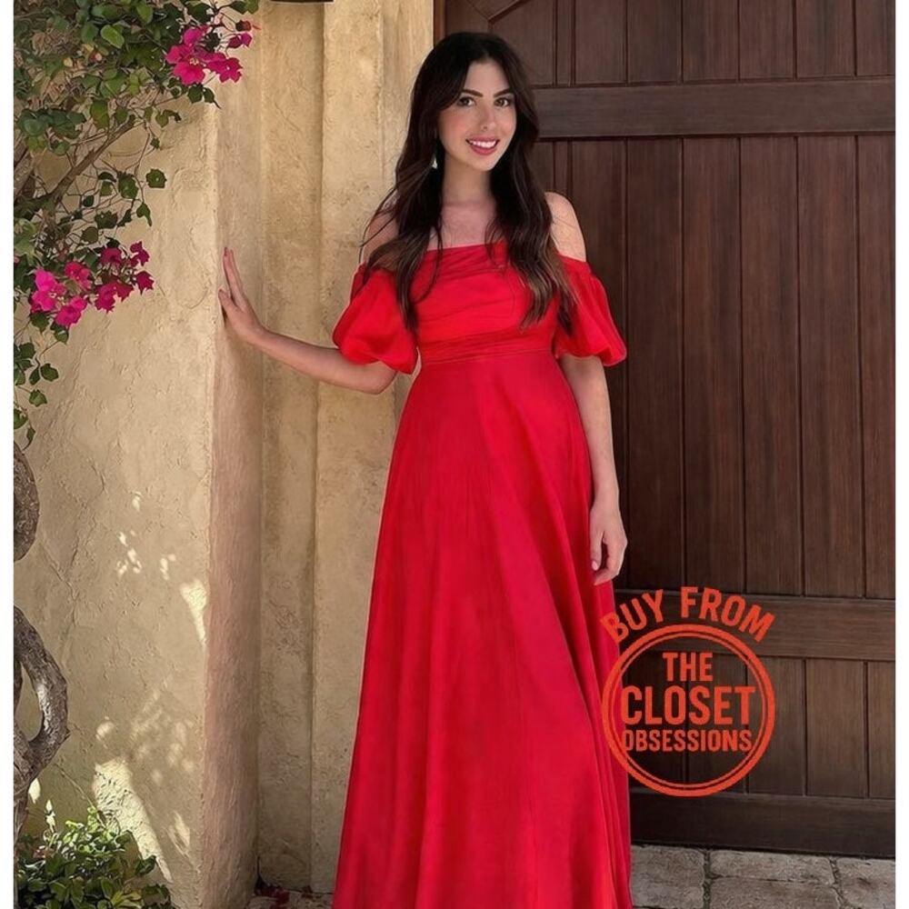 Mango Red Poplin Midi Dress NWT Off Shoulder Puff Sleeve Cotton Size 6 - Picture 5 of 16